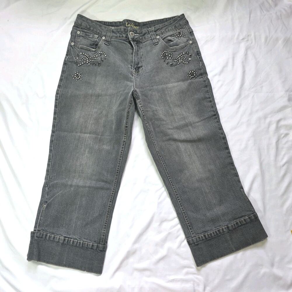l.a blues Jeans 14 Capri Vintage Y2K Embellished Studded Ramie Denim Dark Wash